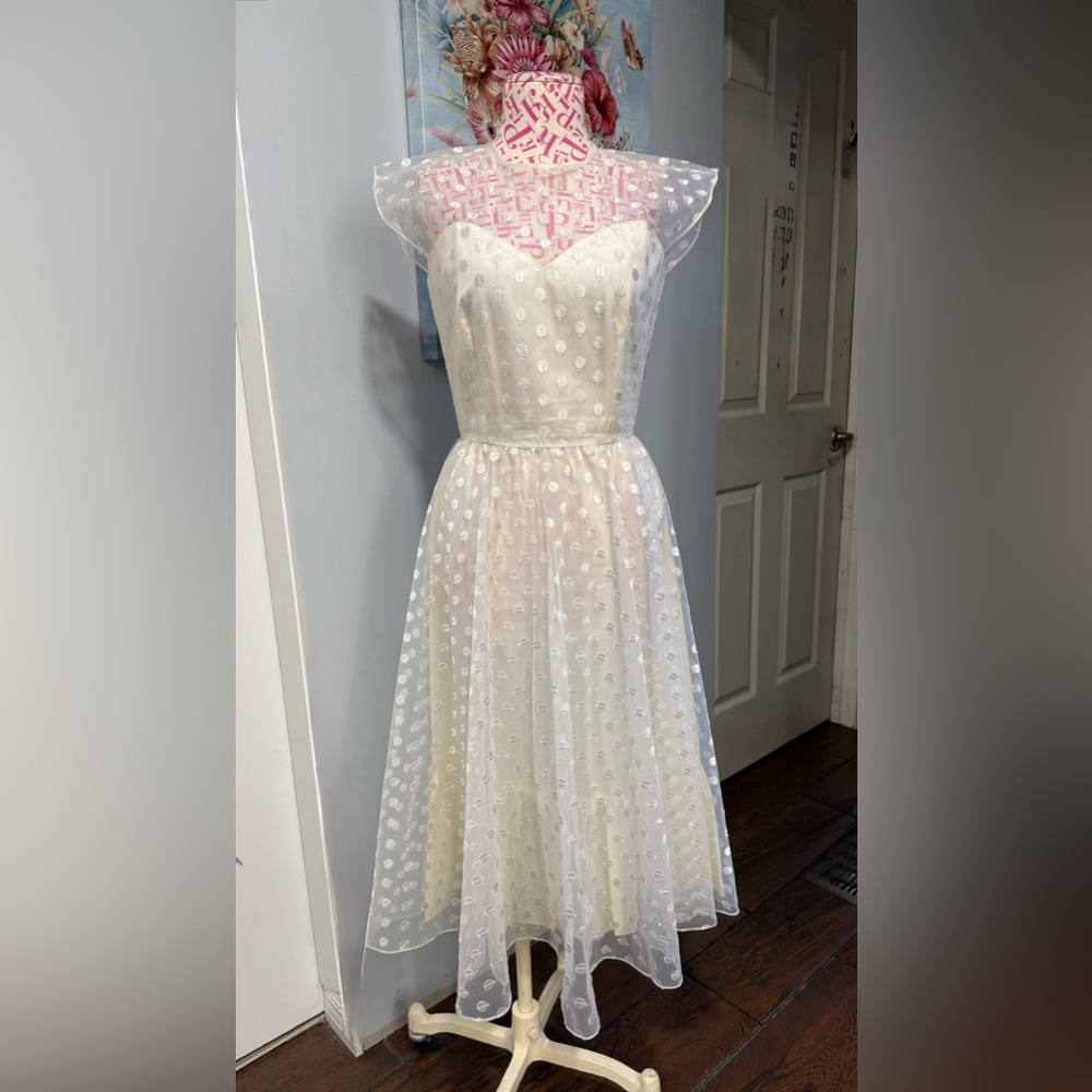 1950s Warren‎ Petites Ivory Polka Dot Tulle Illusion Dress Tea Length Size 6 - Picture 12 of 12